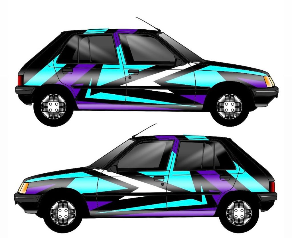Schéma de l'identité visuelle de la Peugeot 205 de l'équipage Peugeot'obot.